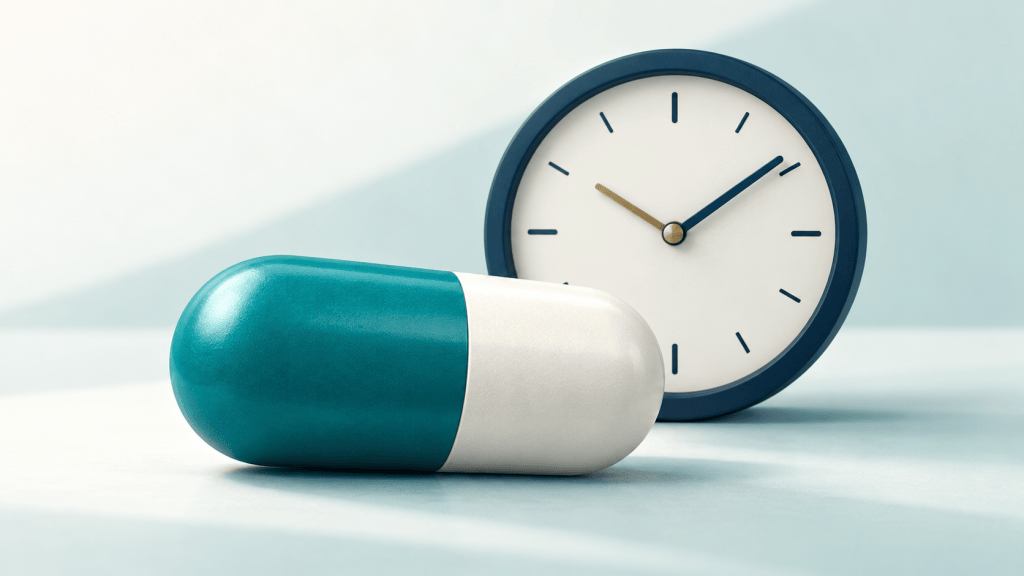 A teal and white medicine capsule in front of a navy clock.