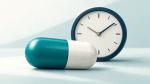A teal and white medicine capsule in front of a navy clock.